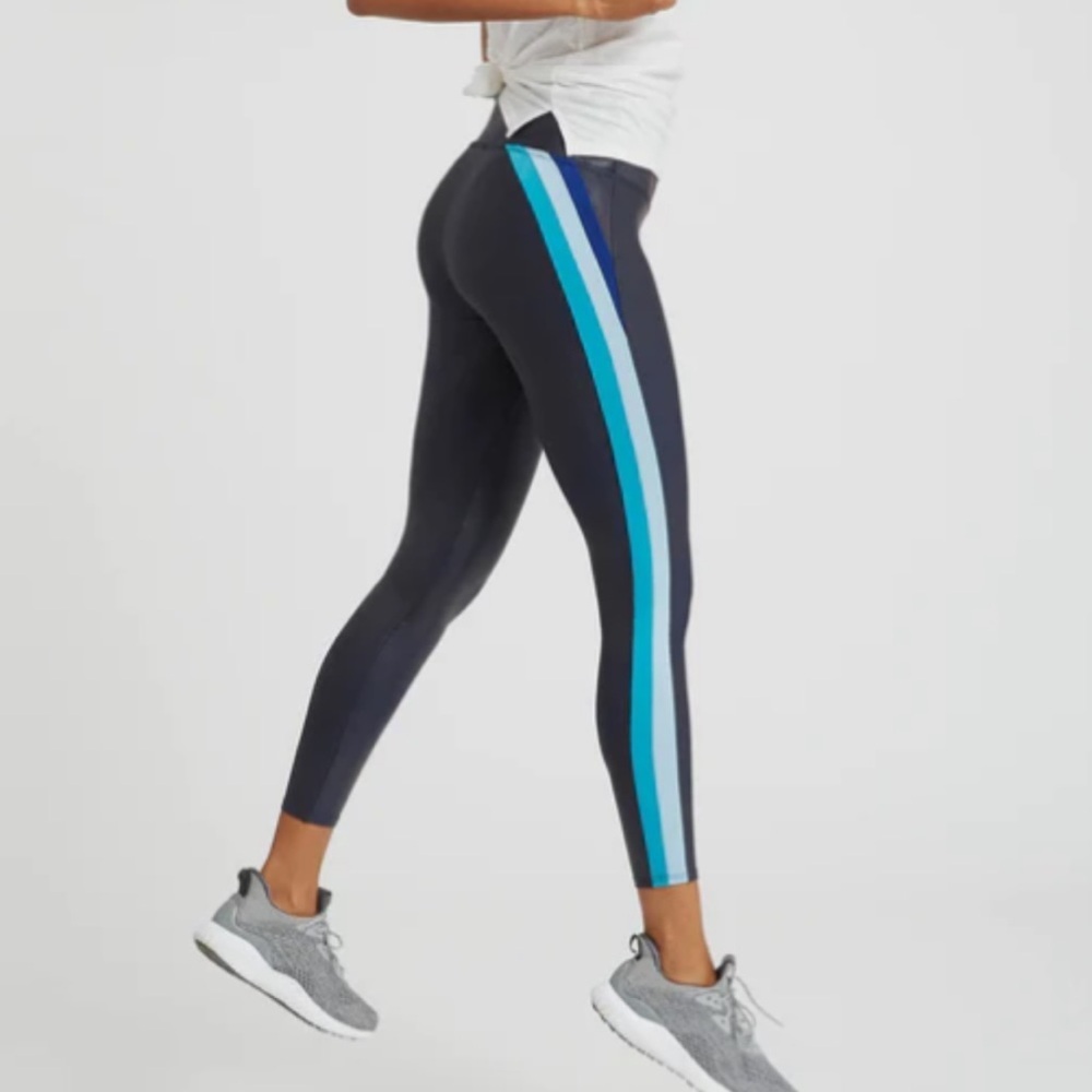 SPANX Faux Leather Navy/Cool Blue Track Stripe Leggings Size L